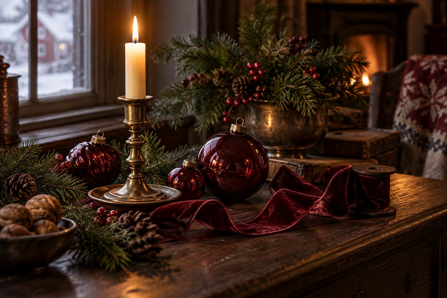 Julestemning med levende lys, granbar og burgunderrøde julekuler